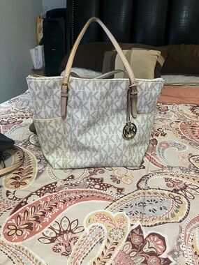Michael Kors White Logo Tote with Tan Leather Straps